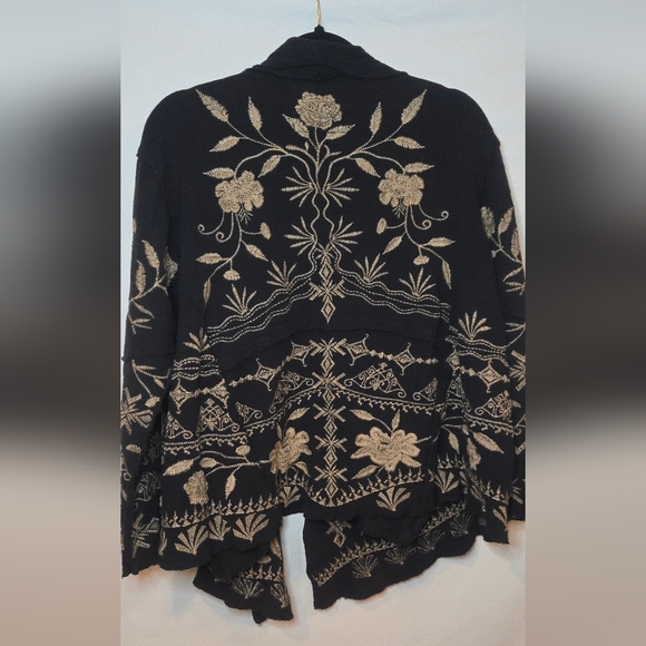 Caite Handmade Embroidered Floral Aztec Black/Beige Draped Boho Cardigan Women S - Picture 5 of 6